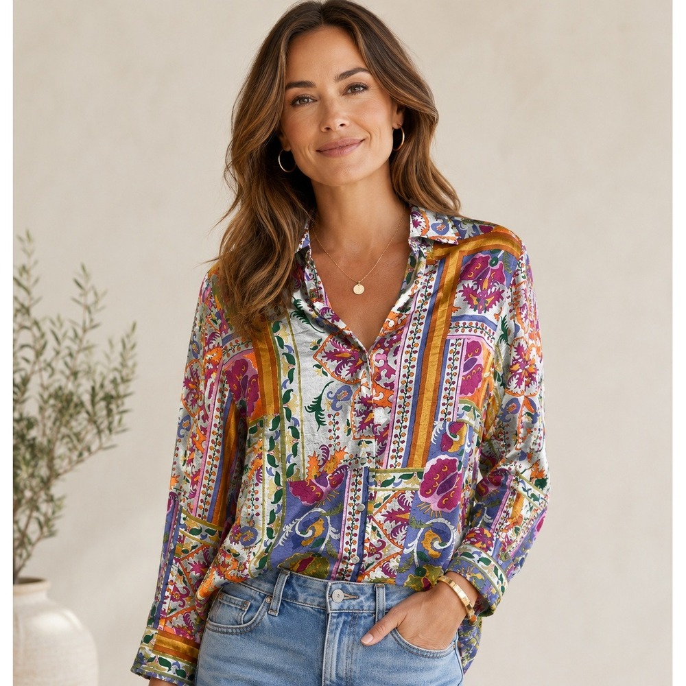 Calypso St Barth Womens Patchwork Floral Button Down Shirt Multicolor Boho Small